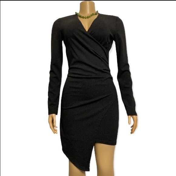 FAVLUX Dress Black Asymmetrical long sleeve back zip V neck size M - Picture 1 of 13